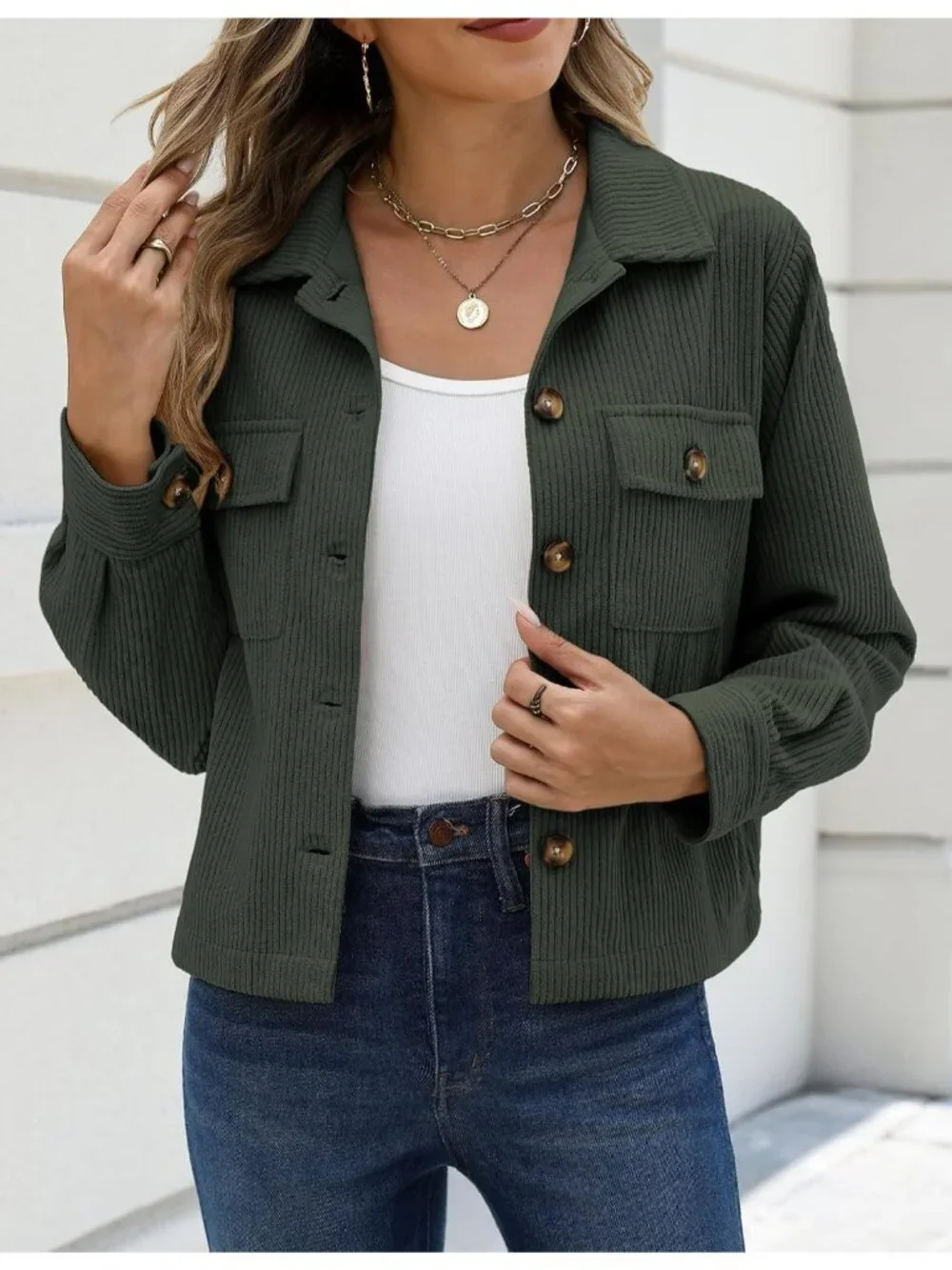 Women's Green Fashion Cropped Corduroy Button Down Long Sleeve Trendy Jacket